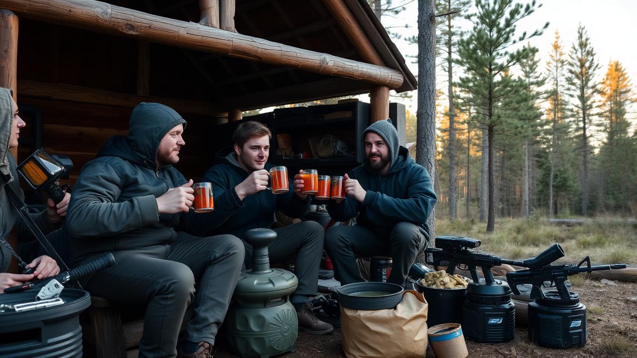 Aikuiset kilistelevät kahvimukeja laavulla pelin jälkeen.