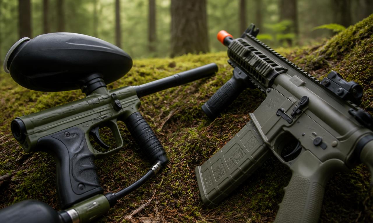 Paintball-markkeri ja airsoft-kopio vierekkäin sammaleisella metsänpohjalla.