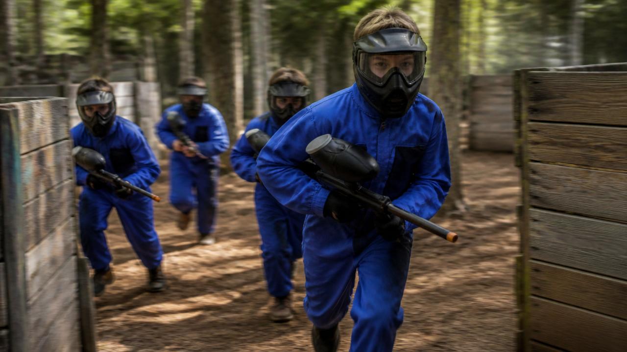 Nuoria pelaajia sinisissä haalareissa juoksemassa puubunkkereiden välissä.