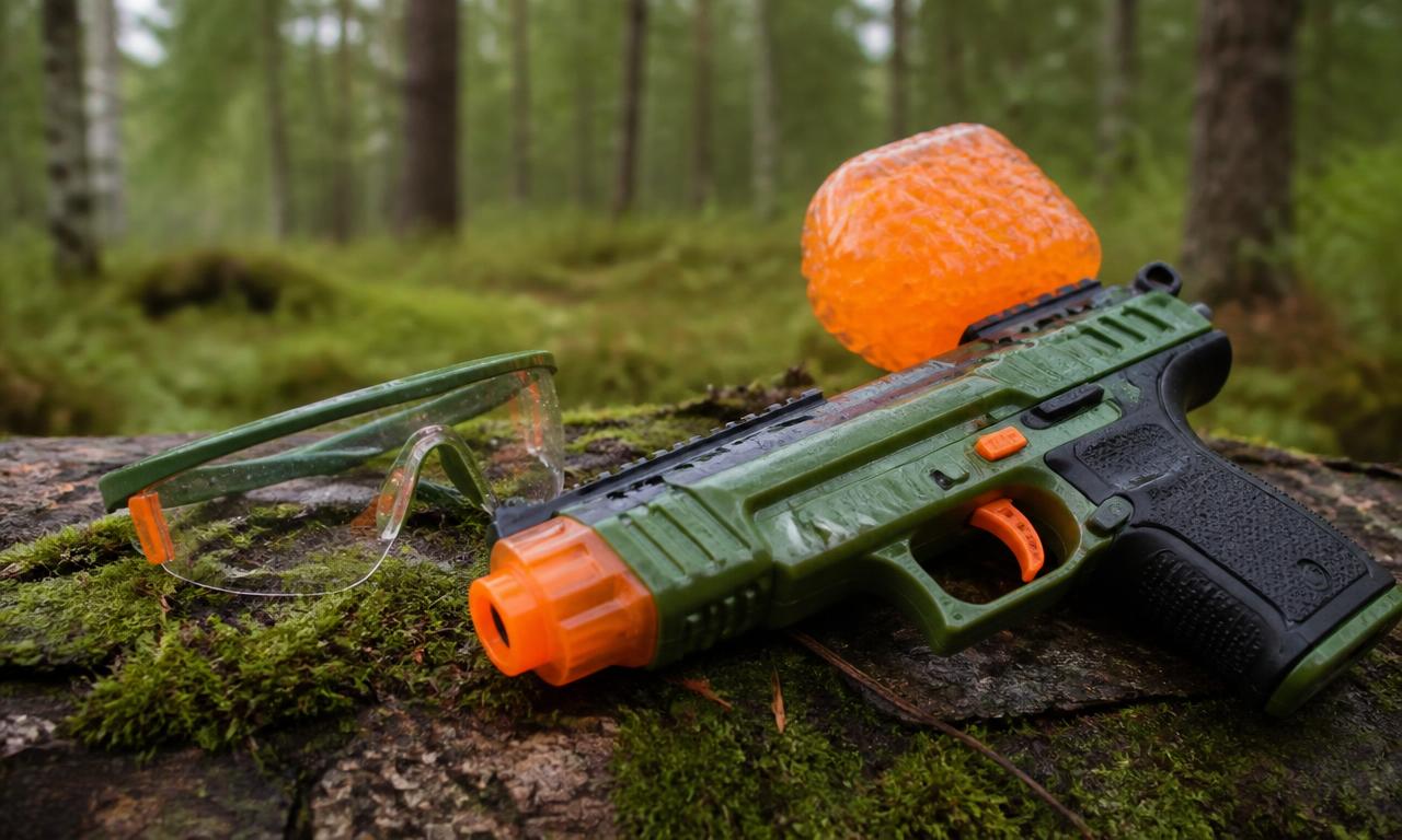 Gelblaster-ase ja suojalasit sammaleisella puunrungolla.