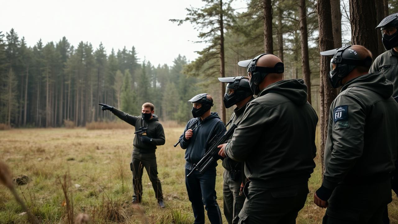 Työkaverit suunnittelevat taktiikkaa metsäkentän reunalla.