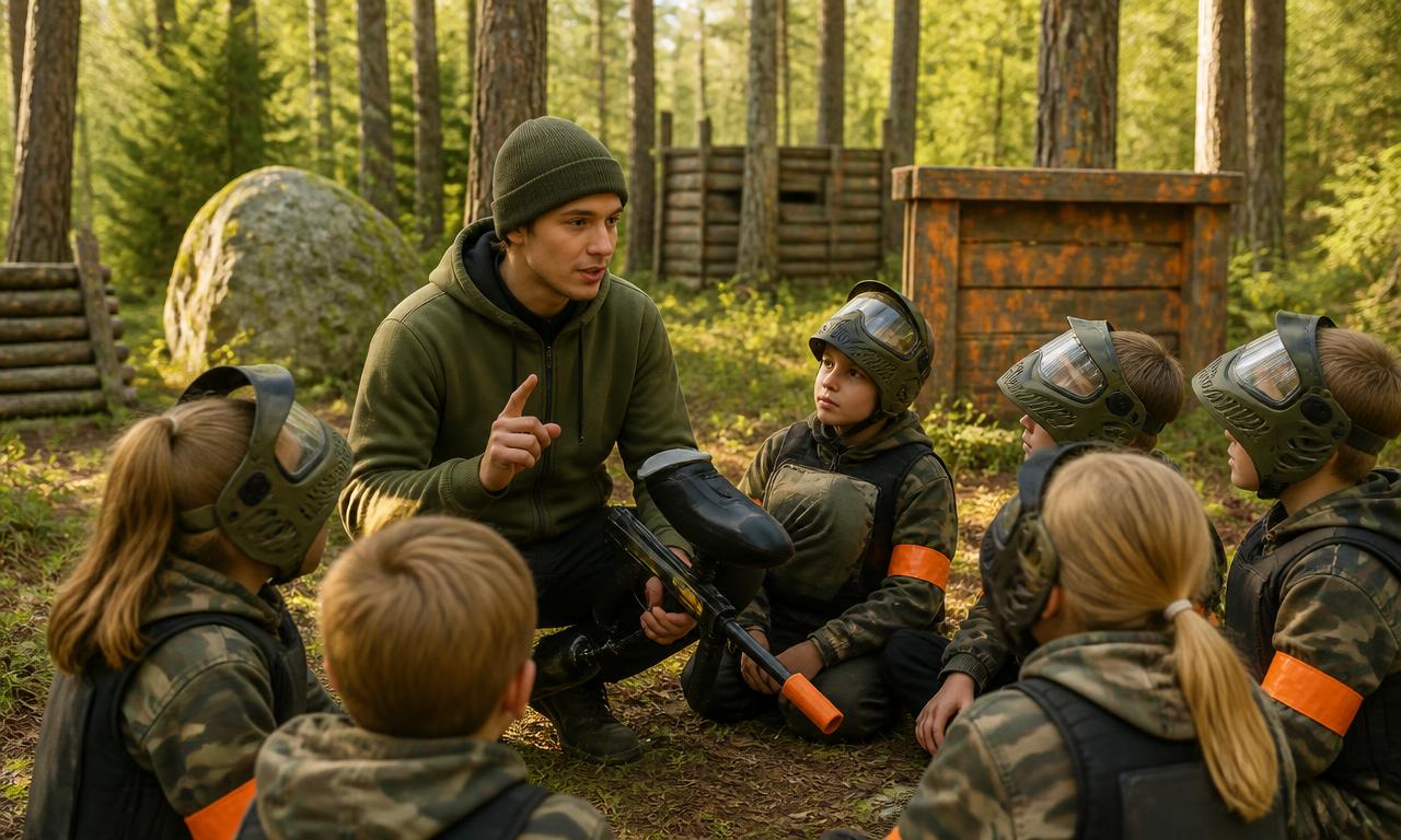 Ohjaaja selittää turvallisuussääntöjä nuorille pelaajille metsässä.