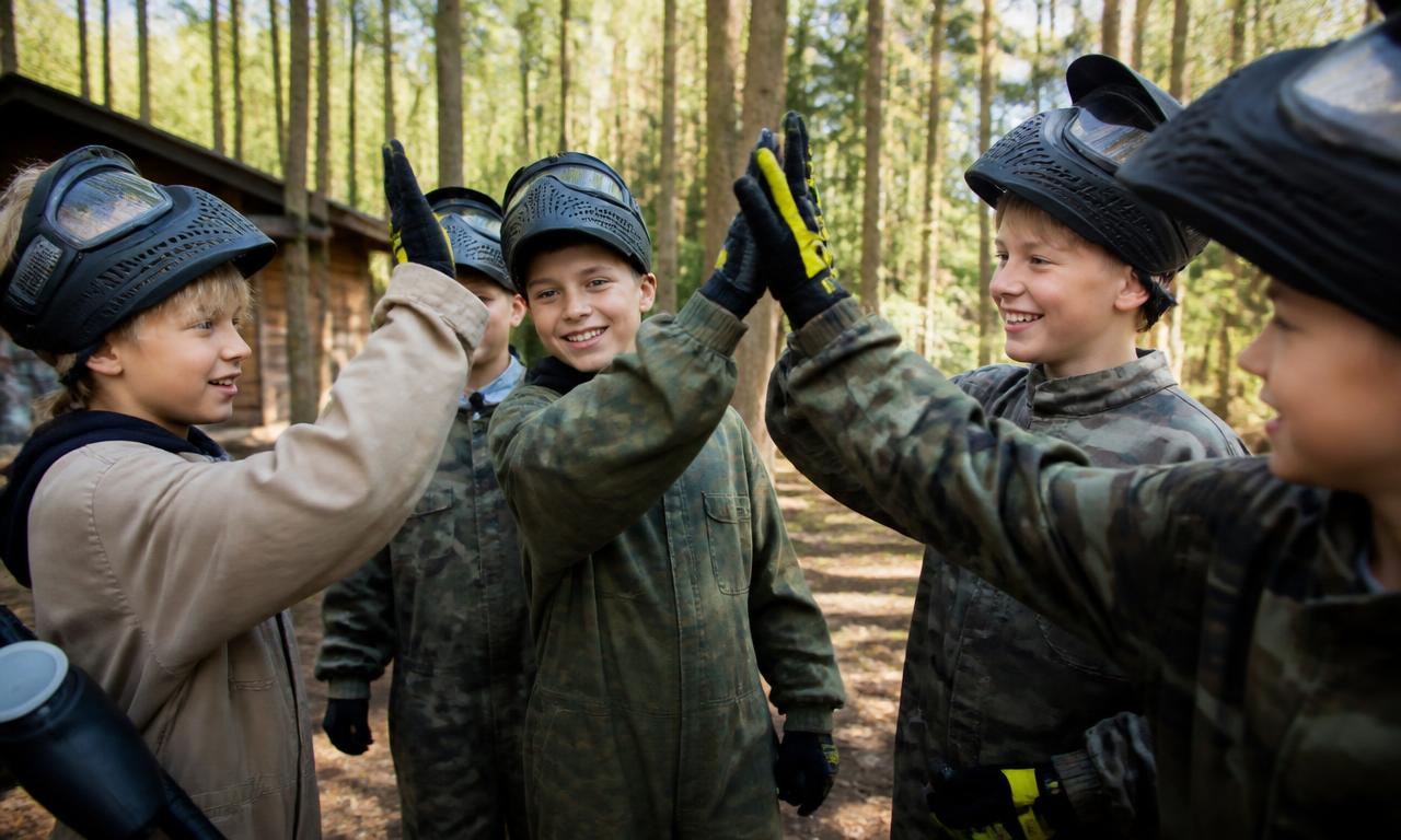 Iloisia lapsia paintball-maskit päälaella läpsäyttämässä yläfemmoja metsässä.