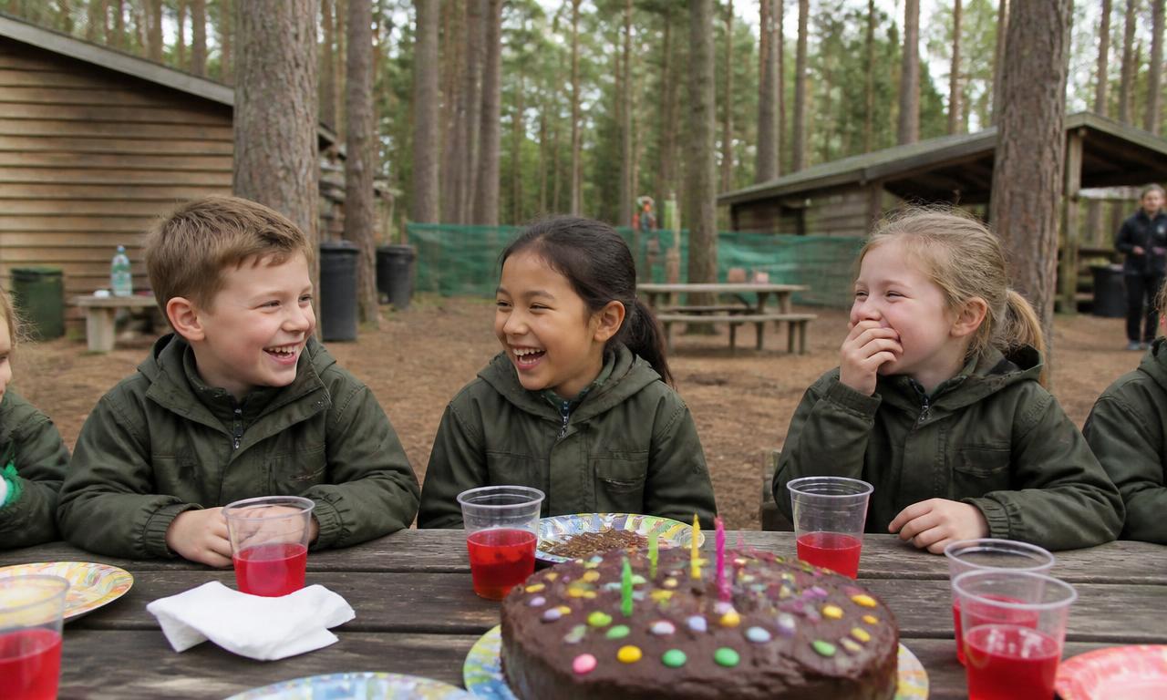 Lapsia nauramassa syntymäpäiväkakun ääressä ulkona metsäkatoksessa.
