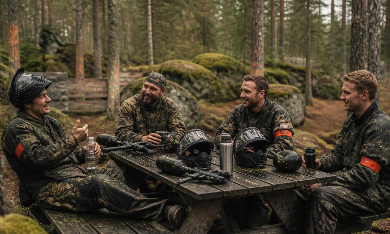 Miehet istuvat pöytäkahveilla metsäkentän taukoalueella.