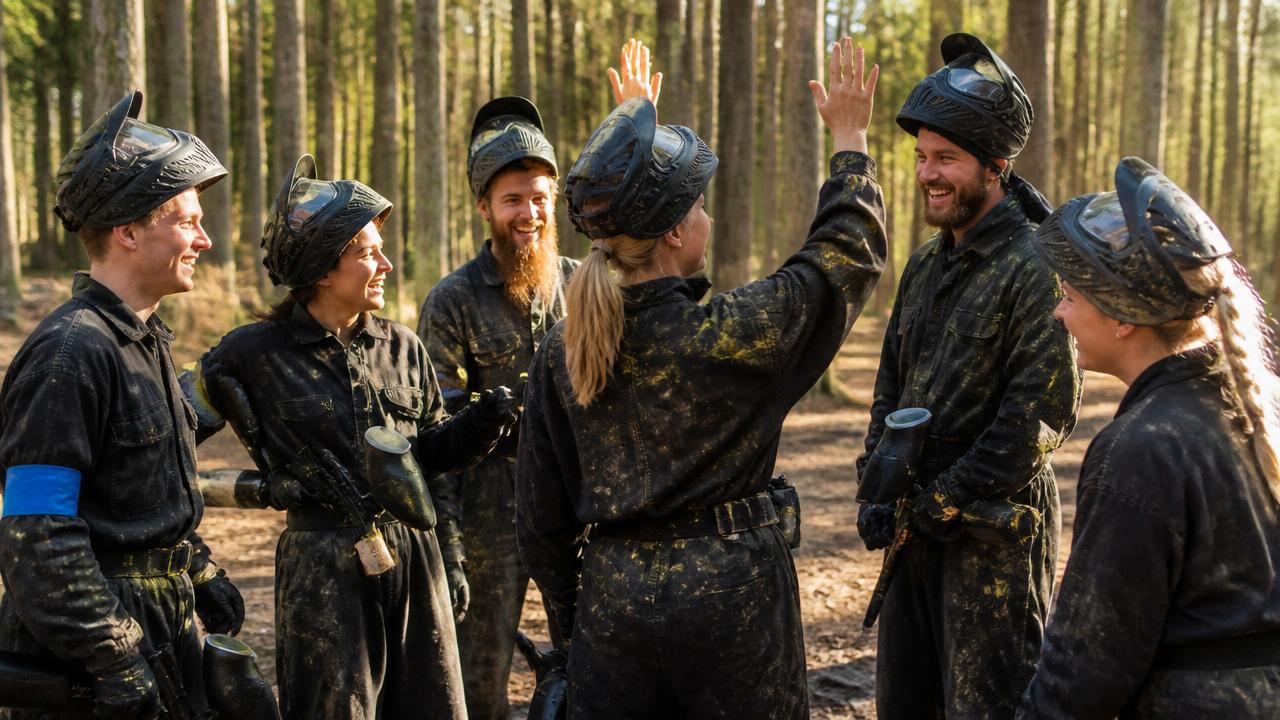 Iloinen joukkue paintball-pelaajia juhlii pelin jälkeen metsässä.