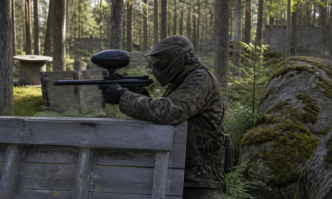 Paintball-pelaaja tähtää puisen suojan takaa suomalaisessa metsässä.