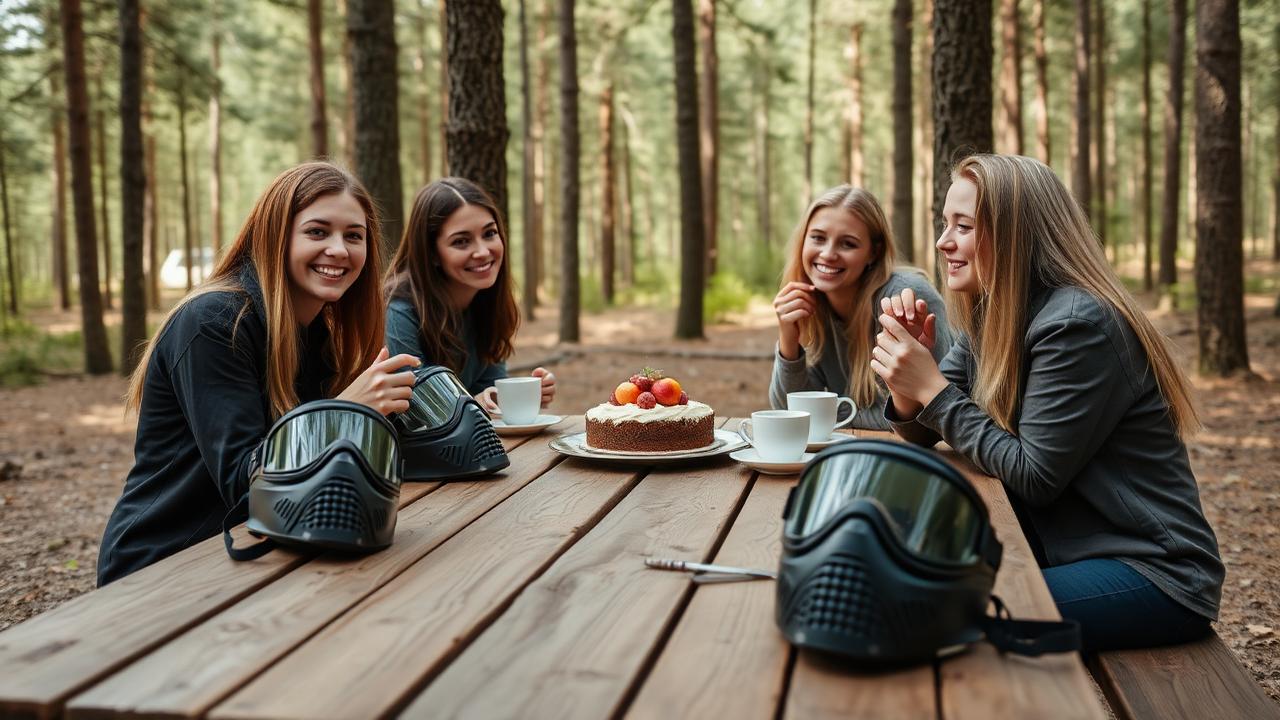 Polttariporukka kahvilla metsän puisen pöydän ääressä maskit vieressä.