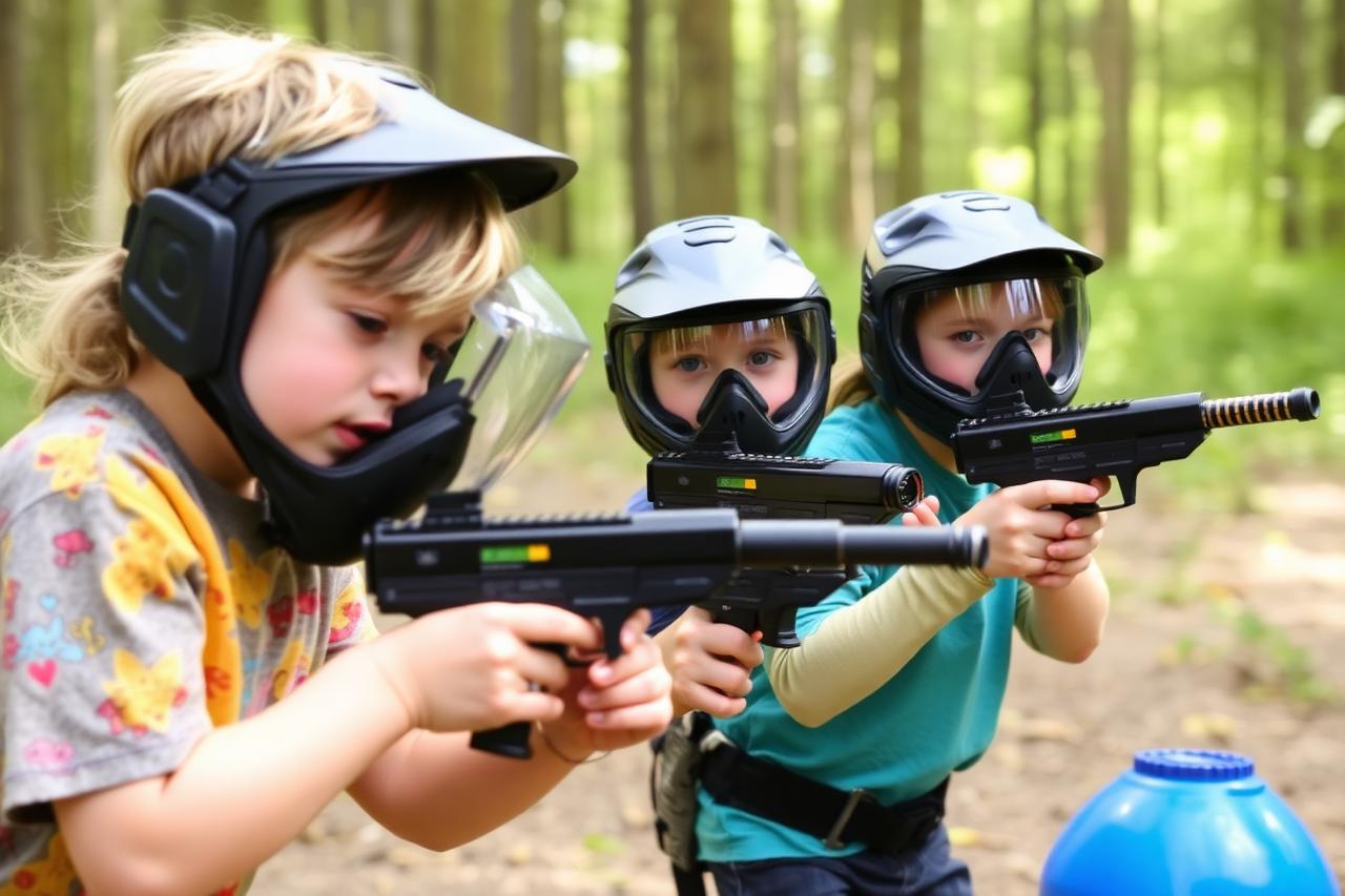 Lapsia pelaamassa matalatehoista paintballia suojanaamarit päässä