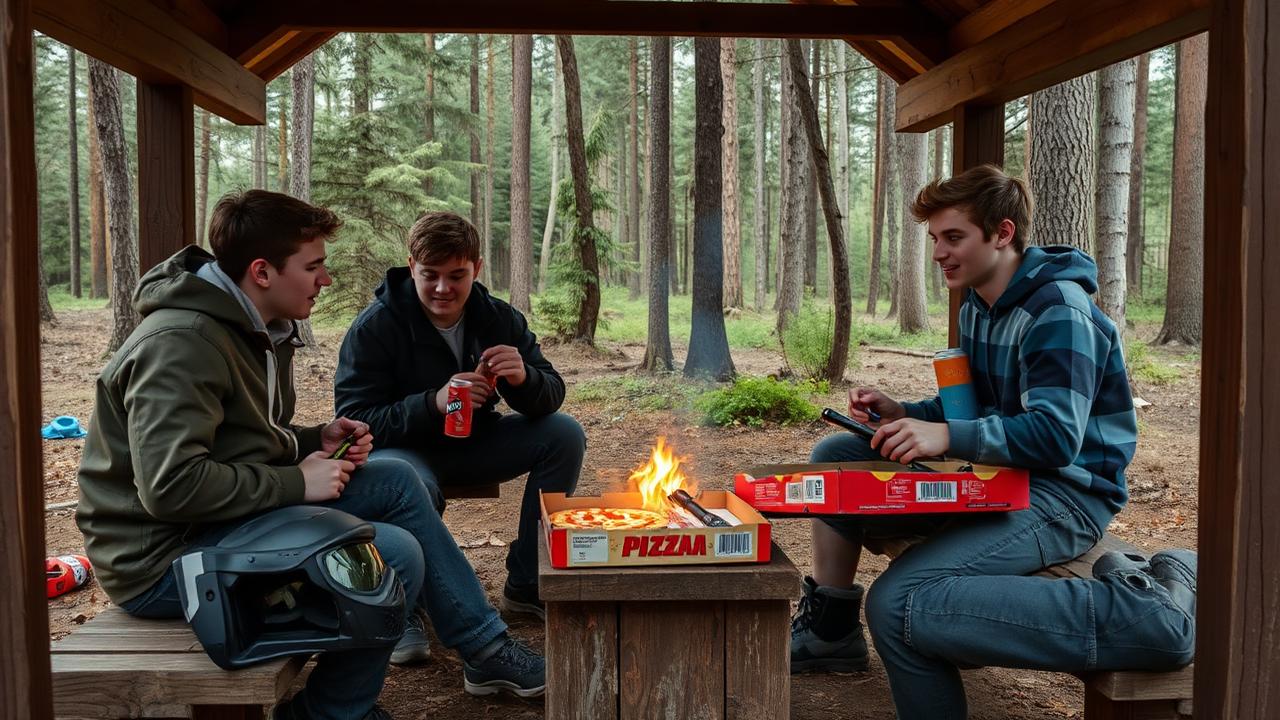 Teinit pitävät taukoa laavulla pizzan ja juomien kanssa.