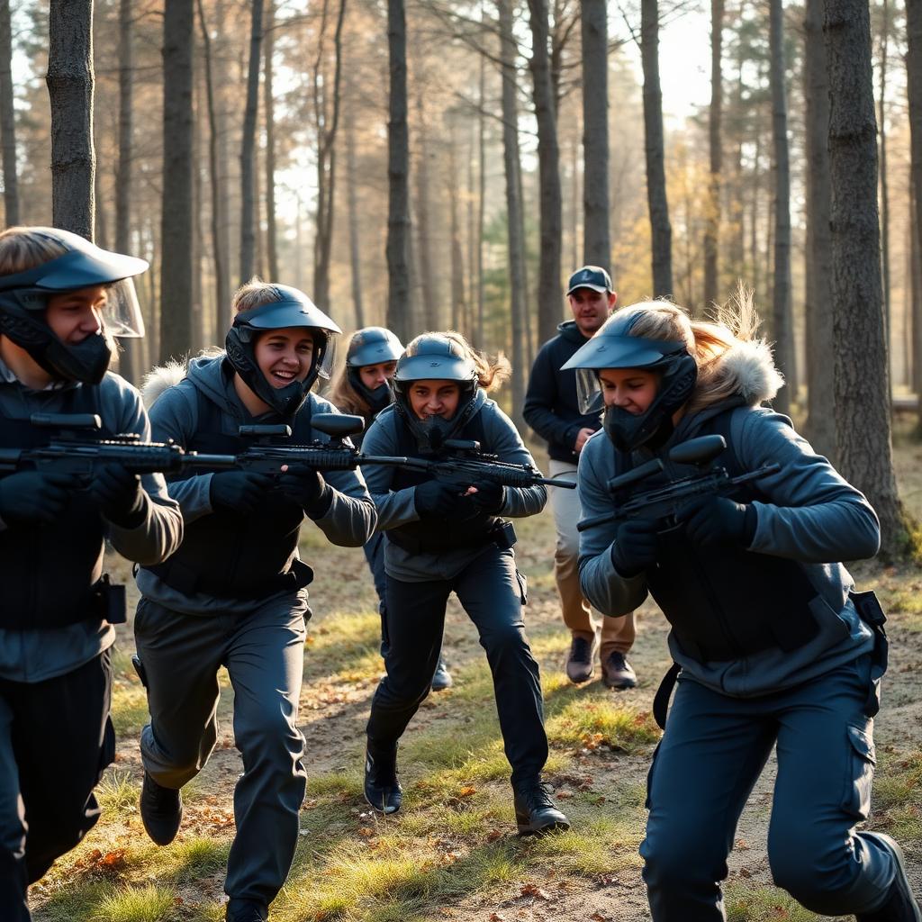 Luokkaretki pelaamassa paintballia
