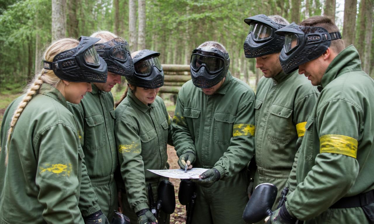 Työkaverit paintball-varusteissa suunnittelevat taktiikkaa kartan ääressä metsässä.